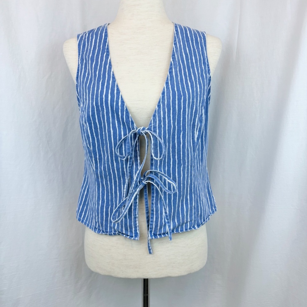Le Lis Blue and White Striped Double Tie-Front Top Medium